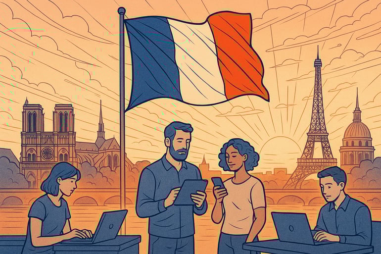 lineart Imagine a vibrant digital landscape that symbolizes French digital sovereignty featuring a majestic tricolor flag unfurling against a backdrop-1